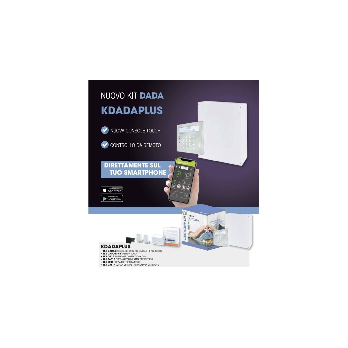 KIT DADA 8 PLUS Hiltron  con centrale  + CONSOLLE TOUCH DXT – C1A KDADAPLUS
